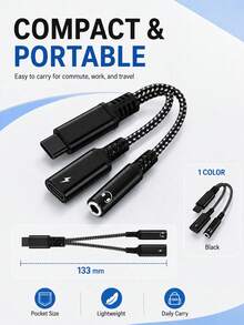 2-In-1 USB-C To 3.5mm Headphone Jack & 60W Fast Charging Adapter, Braided Audio Splitter Cable For USB-C Phones & Tablets, Black - Black - View 4