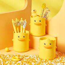 1pc Yellow Duck Pen Holder, Cute Creative Cartoon Desktop Plastic Pen Rack, Multi-Functional Stationery Storage Box For Office And Study Room - A - View 2