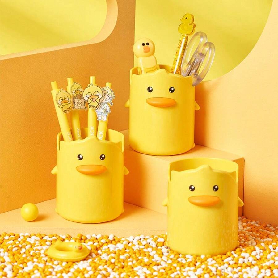 1pc Yellow Duck Pen Holder, Cute Creative Cartoon Desktop Plastic Pen Rack, Multi-Functional Stationery Storage Box For Office And Study Room