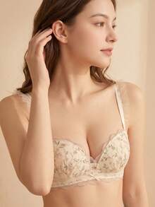 Women's Push-Up Lace Bra, Embroidered Bandeau Lingerie For Small Chest, Floral Backless Design, Suitable For Flat Chest [Flat Chest Special] - Champagne - View 3