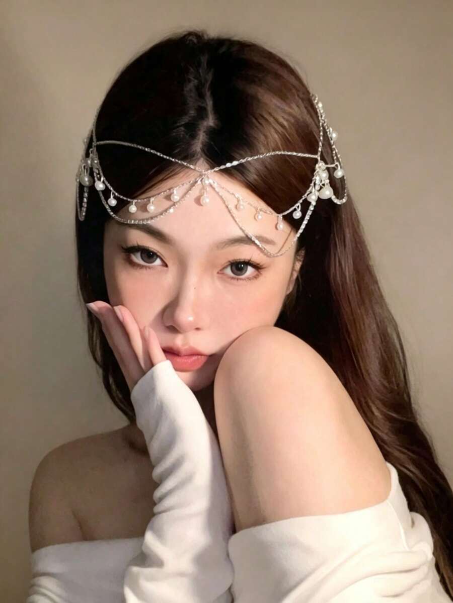 1pc Bohemian Style Rhinestone & Faux Pearl Hair Chain, Handmade Metal Chain Headpiece, Fairy Style Daily Wear Hair Accessory, Suitable For Dating, Bridal And Holiday Party - Silver - View 1