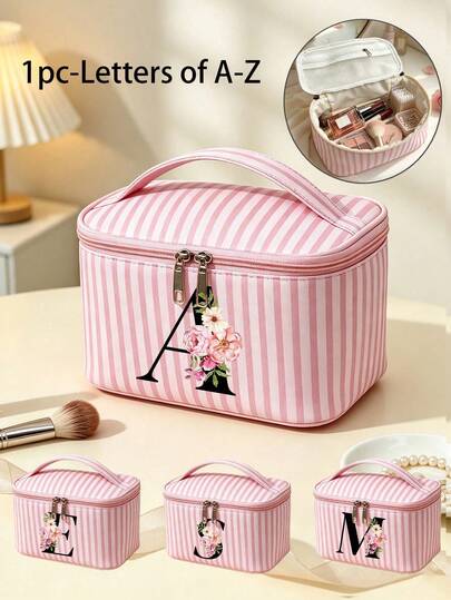 1pc Cute Preppy Style Polyester Rectangular Cosmetic Bag, Pink & White Striped A-Z Floral Letter Print, Smooth Zipper Top Handle, Foldable Large Capacity Portable Makeup Storage Bag, Suitable For Back To School, Vacation, New Year Gift, Bridesmaid, Girlfriend Gift