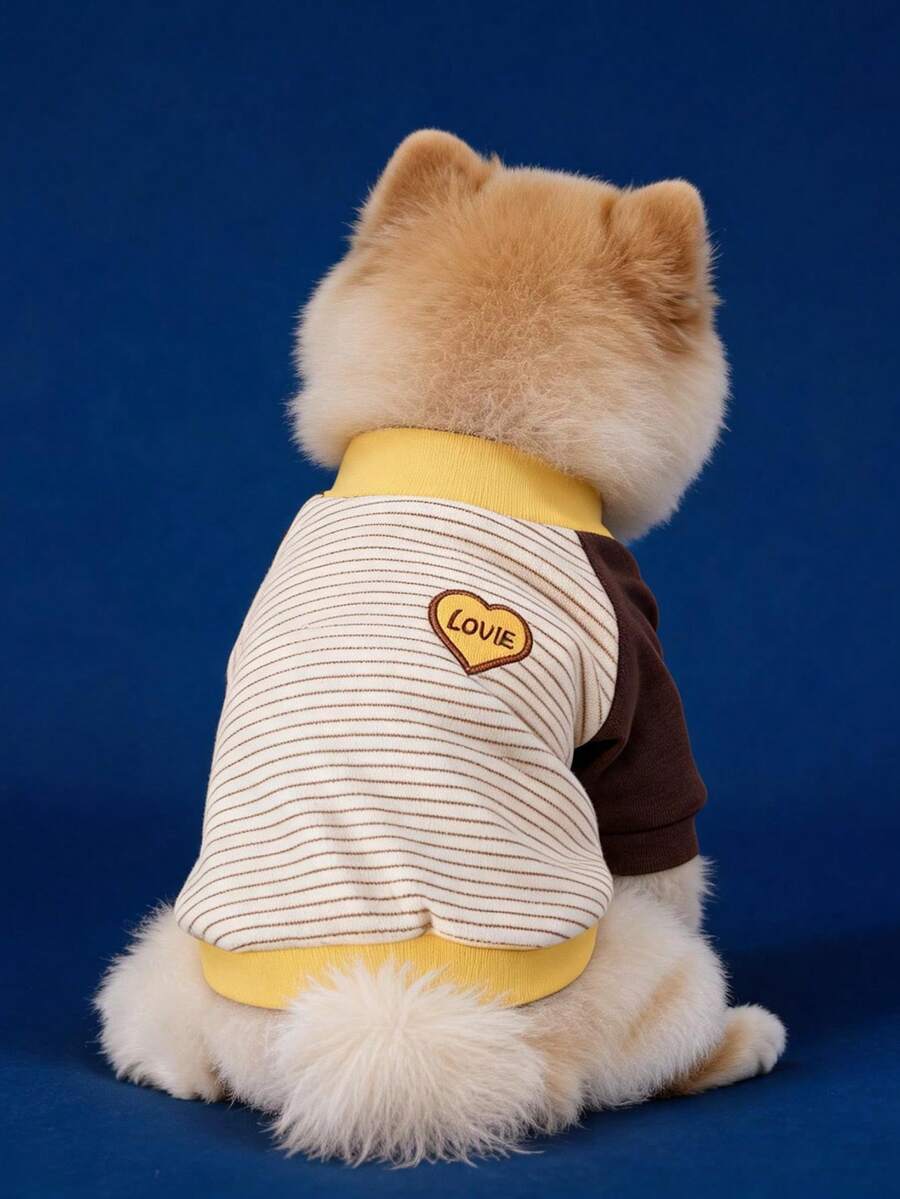 1件 2026新款寵物衣服 小狗幼犬貓咪可愛寵物拼接個性化設計條紋咖啡心形圓領上衣 - 黃色 - 彩色 - 查看 1