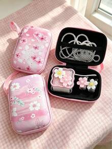 6pcs Sakura Floral Digital Storage Set | EVA Hard Shell Anti-Pressure Earphone & Data Cable Storage Bag, Cute Charger Case + Full Data Cable Protective Set, Suitable For Commuting & Travel - Multicolor - View 5