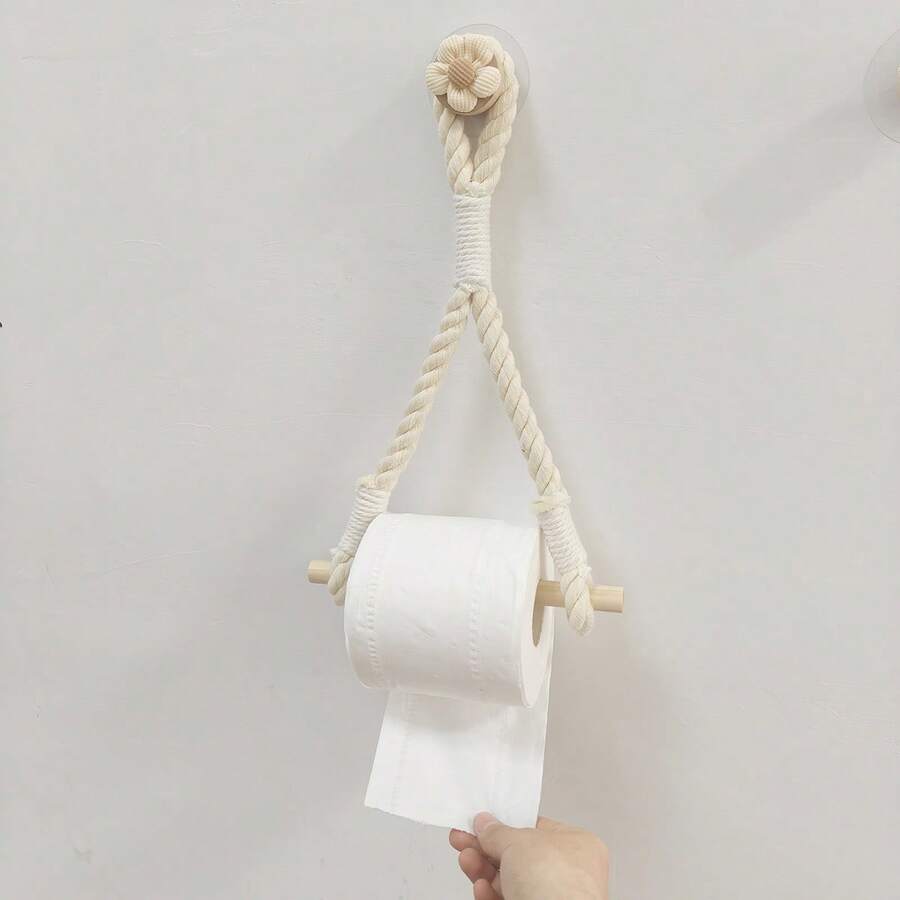 花卉粗棉繩木製壁掛式衛生紙架-鄉村風浴室配件-衛生紙架 - 米色 - 查看 1
