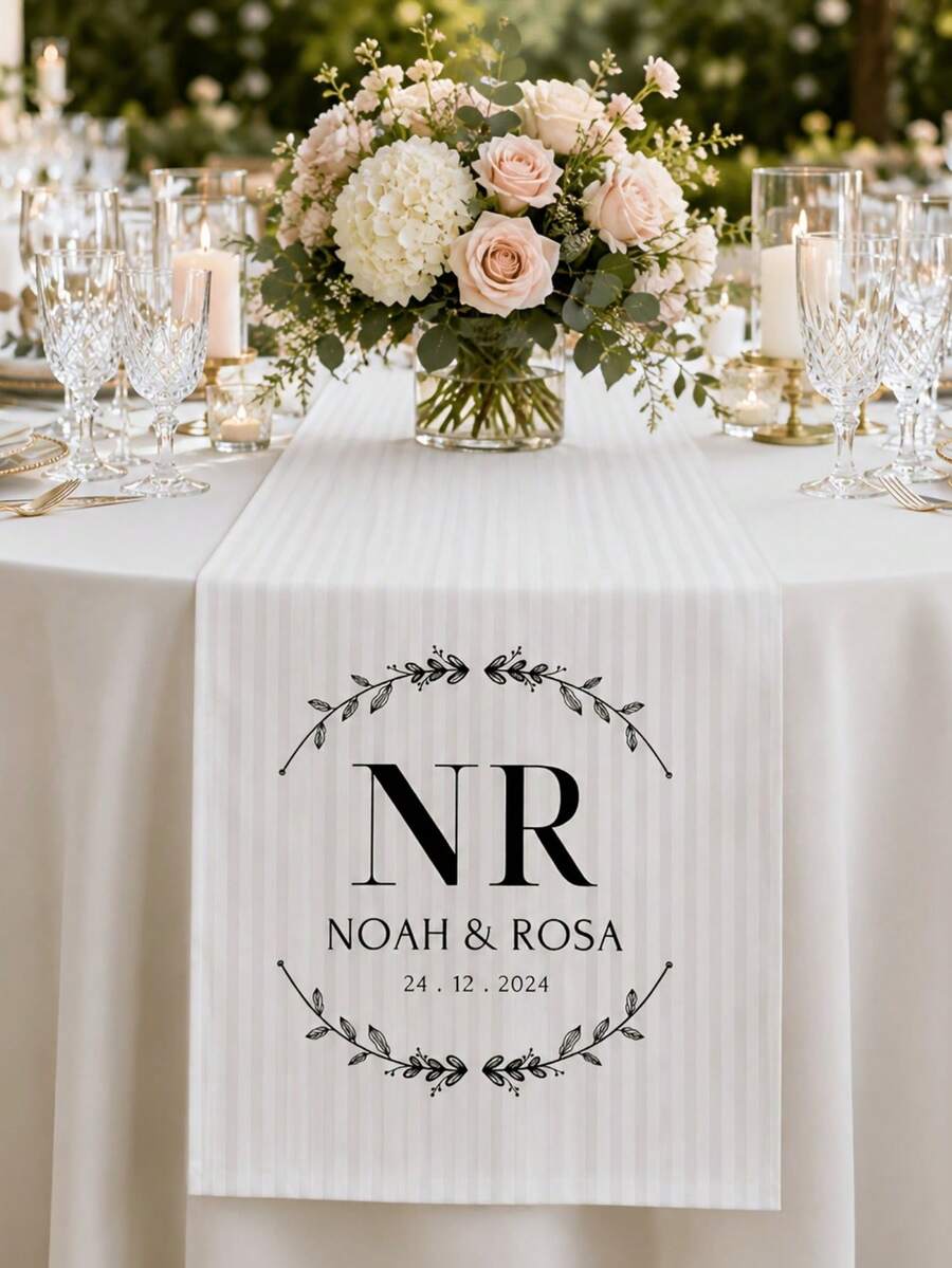Customized Wedding Table Runner With Name And Anniversary Date Celebration Logo, Suitable For Bridal Shower, Creating Meaningful Keepsake For Newlyweds And Guests - Multicolor - View 1