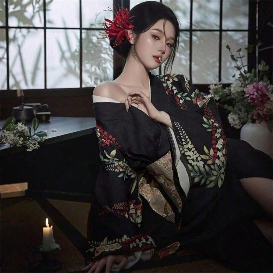 ワンピース レディース 浴衣風 和風 ロングワンピース 半袖 花柄 日系 レトロ ガーリー フェミニン 大人可愛い 神社巡り 写真映え 夏祭り 花火大会 お出かけ デート デイリー 改良和装 2026新作 - Yukata  + Easy Yukata Obi - チェックする 1