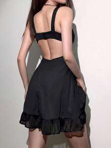 Top Dazzle Loose Fit Off Shoulder Mesh Slip Dress - Black - View 3