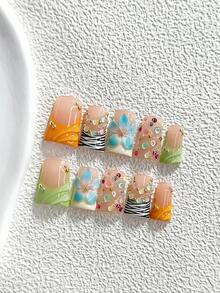 10件組韓式清新手工穿戴甲，Polygel美甲套組，花卉圖案，橘色與粉色指甲油，清新青春風，含美甲工具，3種尺寸可選，杏仁形、鴨嘴形、棺材形，適合派對、舞蹈、日常配戴 - 彩色 - 查看 16