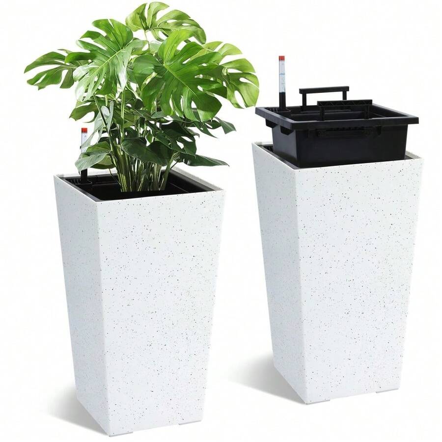 Tall Planters Set Of 2, Outdoor&Indoor Black Planter Pots, High Front Porch Planter Pots With Drainage Holes&Water Level Monitor&Inner Bucket, Automatic Watering - White-21.7 Inch - View 1