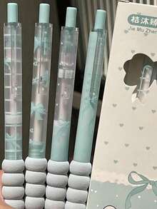 4pcs Cute Bow Press-Type Pens, Fashion Design, High Quality, Quick-Drying Neutral Ink, 0.5mm Black Ink, Suitable For Notebooks, Exams, Office Supplies And Student Gifts. - Ice Blue Bow Pen - View 5