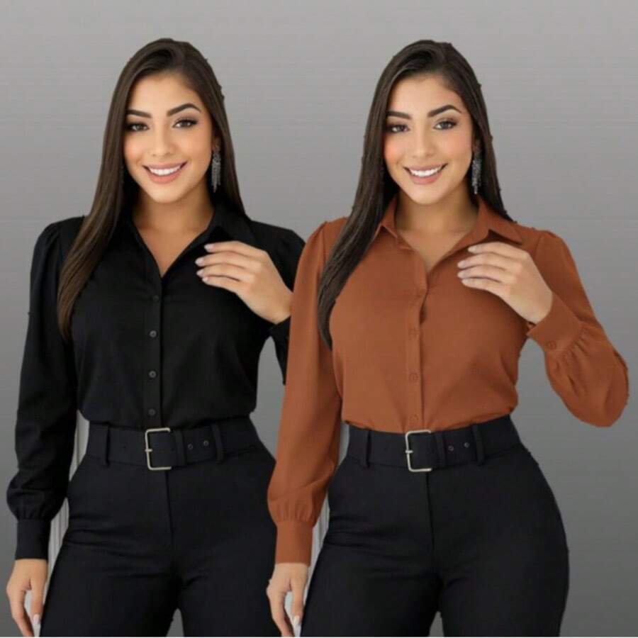 Set Of 2 Women's Fashionable Dress Shirts, One Of Each Color - KIT 2 SOCIAL CARAMELO Y NEGRO UN COLOR - Ver 1