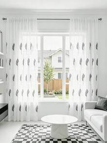 1PC British Elegant Grey & White Leaf Embroidery Sheer Curtain, White Embroidered Nordic Wooden Style Home Window Rod Pocket Translucent Decorative Sheer Curtain - Multicolor - View 1