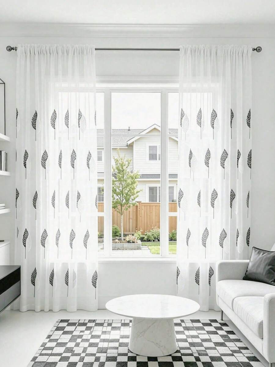 1PC British Elegant Grey & White Leaf Embroidery Sheer Curtain, White Embroidered Nordic Wooden Style Home Window Rod Pocket Translucent Decorative Sheer Curtain - Multicolor - View 1