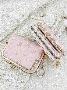 With A Chain Keychain, Fashionable Bow Print Zipper Credit Card Storage Bag With Multiple Compartments, Suitable For Travel - Pink - View 4