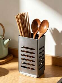 1pc,Punch-Free Wall Mount Chopstick Holder, Drain Cutlery Caddy With Drip Tray, Kitchen Storage Organizer For Chopsticks, Spoons And Forks - Grey - View 4