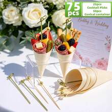 75pcs Disposable Wooden Food Cones With Bamboo Skewers (25pcs Food Cones + 25pcs Bamboo Skewers + 25pcs Artificial Gold Bead Bamboo Skewers), Exquisite Party Supplies, Used For Holding And Displaying Cold Meat And Cheese Platters, Snacks, Appetizers, Fruit Desserts, Perfect For Weddings, Bridal Shower / Hen Party, Birthday Parties, Outdoor Banquets - Multicolor - View 7