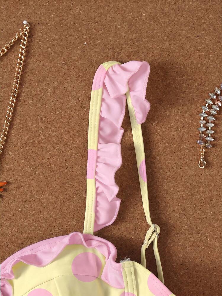 女款復古棕色與白色格紋荷葉邊比基尼，2026春夏，性感綁帶兩件式泳衣，辣妹風 - 彩色 - 查看 5