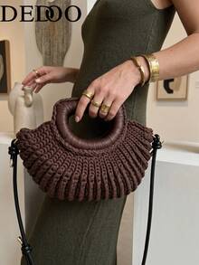 Dedoo Vintage Shell Knitted Top‑Handle Bag For Women, Detachable Strap Woven Crossbody Handbag Retro Elegant Purse - Coffee - View 9
