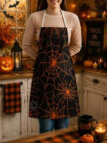 1pc/2pcs Vintage Halloween Green Gemstone Spider Apron, Dark Style Black Kitchen Apron, Faux Linen Printed Apron, Cooking Baking Grilling Apron, Gothic Style Holiday Party Home Decor Apron - Multicolor - View 3