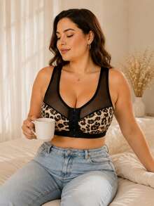 1pc Plus Size Wireless Bra, Wide Strap Easy On/Off Design, Front Closure, Sexy Leopard Print Lace Decor - Black - View 4