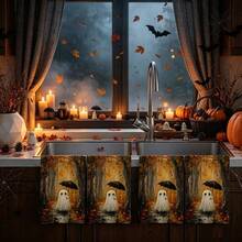 2/4/48pcs Halloween Series Autumn Rainforest Umbrella Ghost Pattern Printed Kitchen Towels - Ultra Soft, Highly Absorbent Polyester Tablecloths And Hand Towels, Perfect For Holiday Decor, Kitchen Decor, Party Decor. - Multicolor - View 3