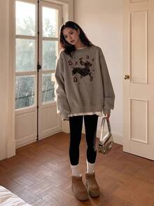 Sweet Cool Cute Youthful Puppy Print Versatile Casual Loose Crew Neck Sweatshirt - Grey - View 2