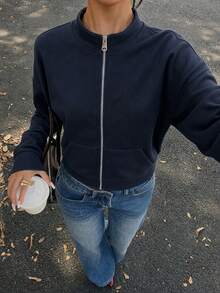 女款海軍藍立領拉鍊運動外套，落肩長袖附口袋，寬鬆版型，適合秋季與返校季 - 藏蓝色 - 查看 6