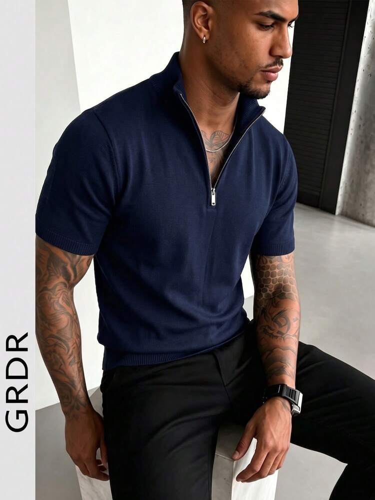 GRDR Men's Summer Half-Zip Solid Color Short Sleeve Knit Sweater, Suitable For Summer Outings, Fashion Essential - Navy Blue - View 1