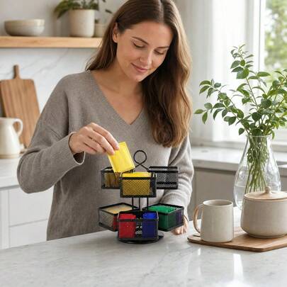 23cm Black Iron Rotating Mesh Holder, 6 Baskets, Kitchen Countertop Tea Bag Organizer, Space-Saving Compact Design