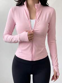 Slim Fit Zipper Yoga Long Sleeve Top Pink - Pink - View 2