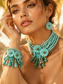 Women's Bohemian Turquoise Beaded Exaggerated Jewelry Set, Tassel Water Drop Choker Necklace, Pendant Earrings, Wide Cuff Bracelet, Beach Vacation Outfit Accessories - Multicolor - View 4