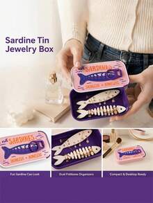 1pc Creative Sardine Can Jewelry Storage Box, With Double Fish Bone Shaped Storage Rack Inside, Can Easily Organize Earrings, Rings, Necklaces, Bracelets And Other Jewelry, Effectively Prevent Tangling And Loss, Making Every Piece Of Jewelry Clearly Visible. Compact And Lightweight Size Convenient For Placement On Vanity, Bedside Table, Desk, Also Suitable For Putting In Handbag Or Luggage - View 8
