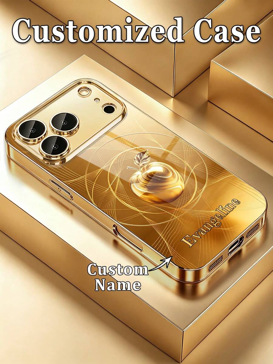 1pc DIY Customized Exclusive Name Luxury Gold Line Light Effect Crystal Printed Pattern High Definition Electroplated Gold Glass Phone Case Compatible With IPhone 17/17Pro/17ProMax/17Air/16/16Pro/16ProMax/16Plus/15/15Plus/15Pro/15Promax/14/14Pro/14Promax/13/12/11/XRMax/8/7/6Plus Phone Accessories, Full Coverage, Beautiful And Elegant, Highly Attractive Protective Cover