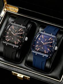 2件組男士桶形石英手錶套裝，包含黑色錶盤與藍色錶盤款式，堅固桶形錶殼搭配玫瑰金時標與指針，融合運動與商務美學，適合男士禮物、男士配件、日常通勤、商務場合、戶外旅行等多種場景，可作為畢業禮物、送給男士的禮物，展現成熟穩重的優雅，是送給男士的最佳禮物 - 彩色 - 查看 1