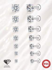 1Pc 0.03-1.2ct 925 Sterling Silver Moissanite Stud Earrings Flat Back Hypoallergenic Piercing Jewelry For Women Men Daily Wedding Bridal Wear - Silver - View 2