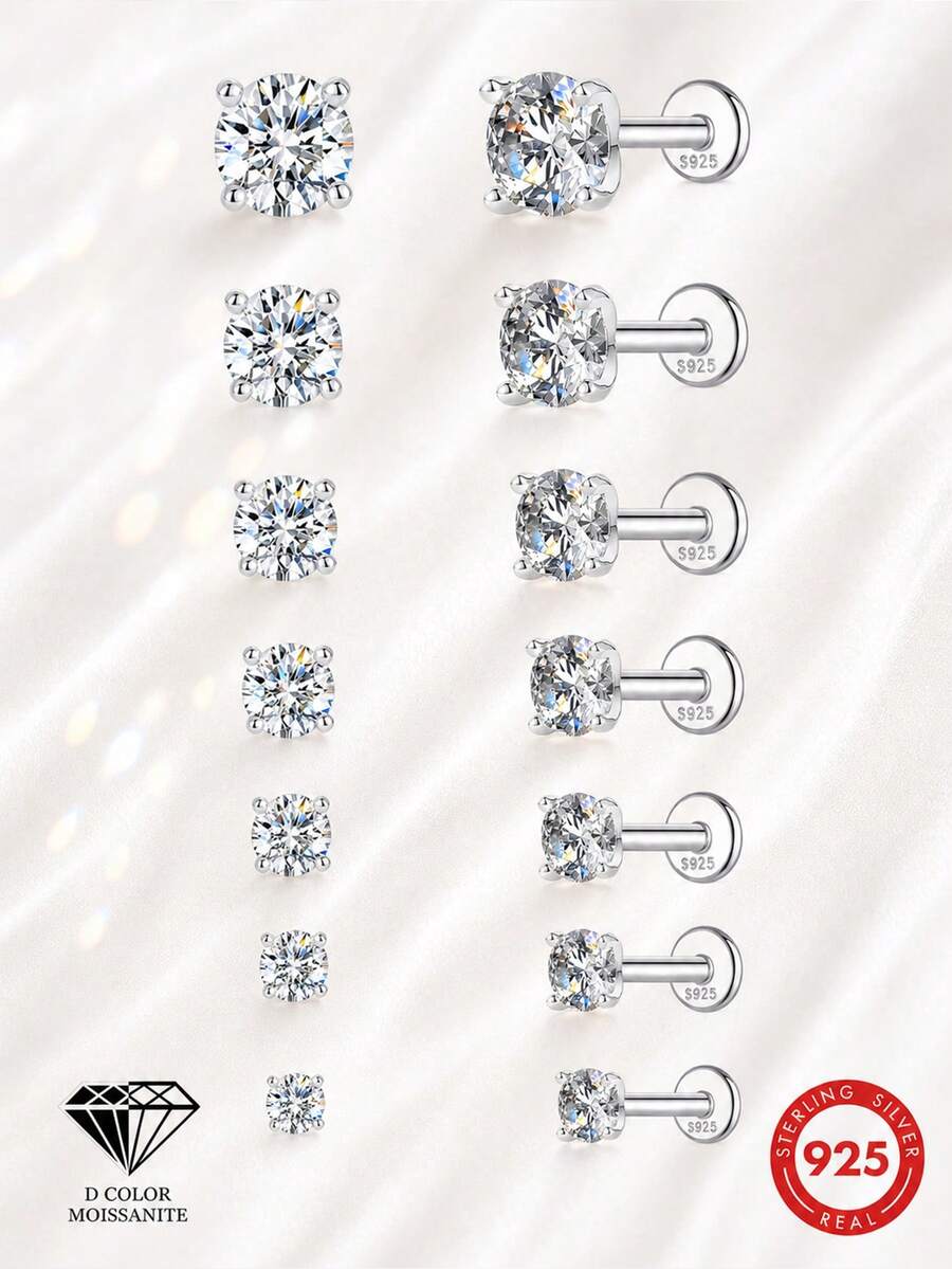 1Pc 0.03-1.2ct 925 Sterling Silver Moissanite Stud Earrings Flat Back Hypoallergenic Piercing Jewelry For Women Men Daily Wedding Bridal Wear