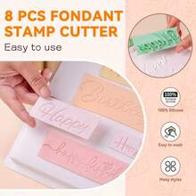 8pcs Birthday Greeting Cake Text Stamp Set, Anniversary Celebration Handwritten Letter Cutting Tool Kit, DIY Cake And Pastry Decoration, Embossed Stamp, Baking Supplies - View 7