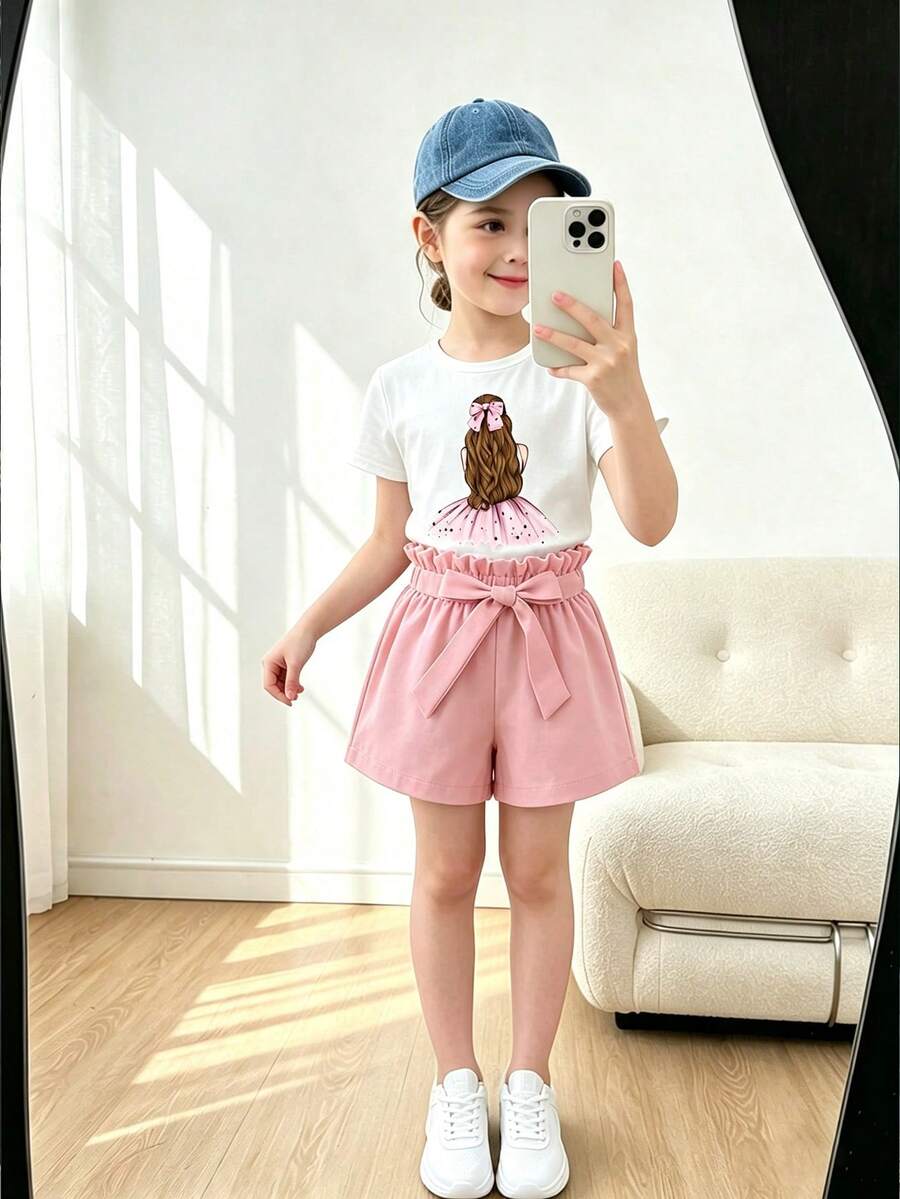 Tween Girls Set Berikat Paper Bag Pants Angka Casual - Berwarna merah muda - View 1