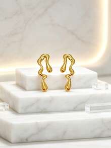 Minimalist Abstract Fluid Sculpture Earrings, Metal Molten Drip Curved Water Drop Style Unique Jewelry - Multicolor - View 6