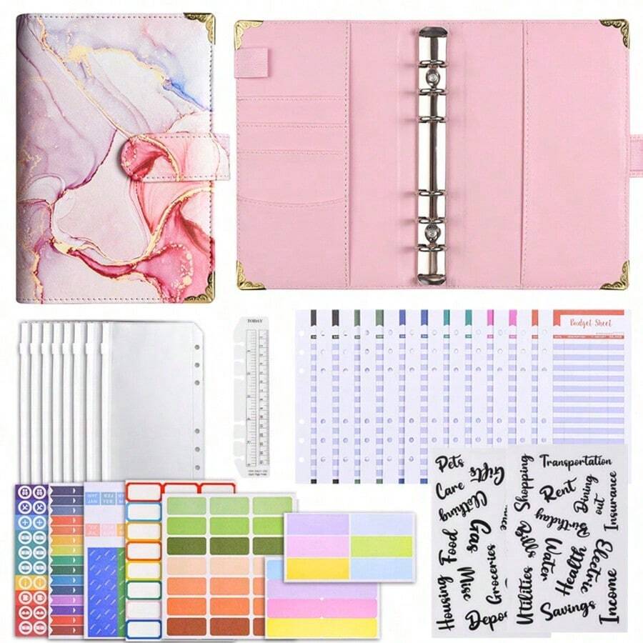 s con cremallera A6, carpetas impresas a color, cuadernos de PU, libros de contabilidad creativos de cuero, libros de presupuesto de efectivo, equipados con 8 bolsillos con cremallera, planes de 12 meses, 2 etiquetas en inglés, 3 pegatinas multifuncionales, 4 pegatinas de color y una regla para volver a la escuela - Rosa - Ver 1