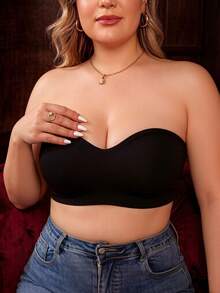Plus Size Women's Bandeau Bra, Black Minimalist Comfortable Wireless Bandeau, Seamless Anti-Slip Bandeau Lingerie, Invisible Anti-Sagging Bra, Suitable For Daily Wear - Black - View 4