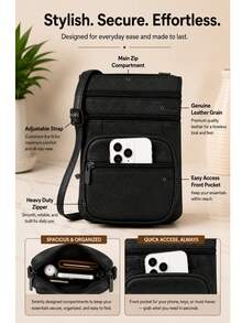 Women's Genuine Leather Crossbody Bag, Adjustable Shoulder Purse, Lightweight Travel Handbag For Work, Shopping & Daily Use - 黑色 - 查看 2