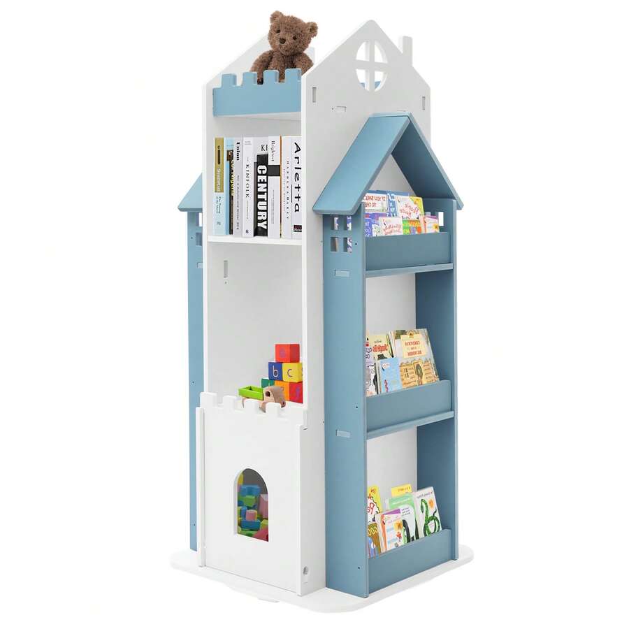 ZhdnBhnos Multi Functional Floor Standing Book Library Storage Rack Organizer Bookcase Children Rotating Bookshelf - Blue and White - View 1