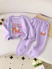 2 st/set för flickor, rundhalsad tryckt sweatshirt i söt skulptural stil och enkla avslappnade sportbyxor, ny bekväm outfit för höst/vinter - Mauve Lila - Visa 1