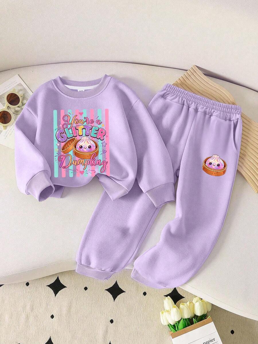 2 st/set för flickor, rundhalsad tryckt sweatshirt i söt skulptural stil och enkla avslappnade sportbyxor, ny bekväm outfit för höst/vinter - Mauve Lila - Visa 1