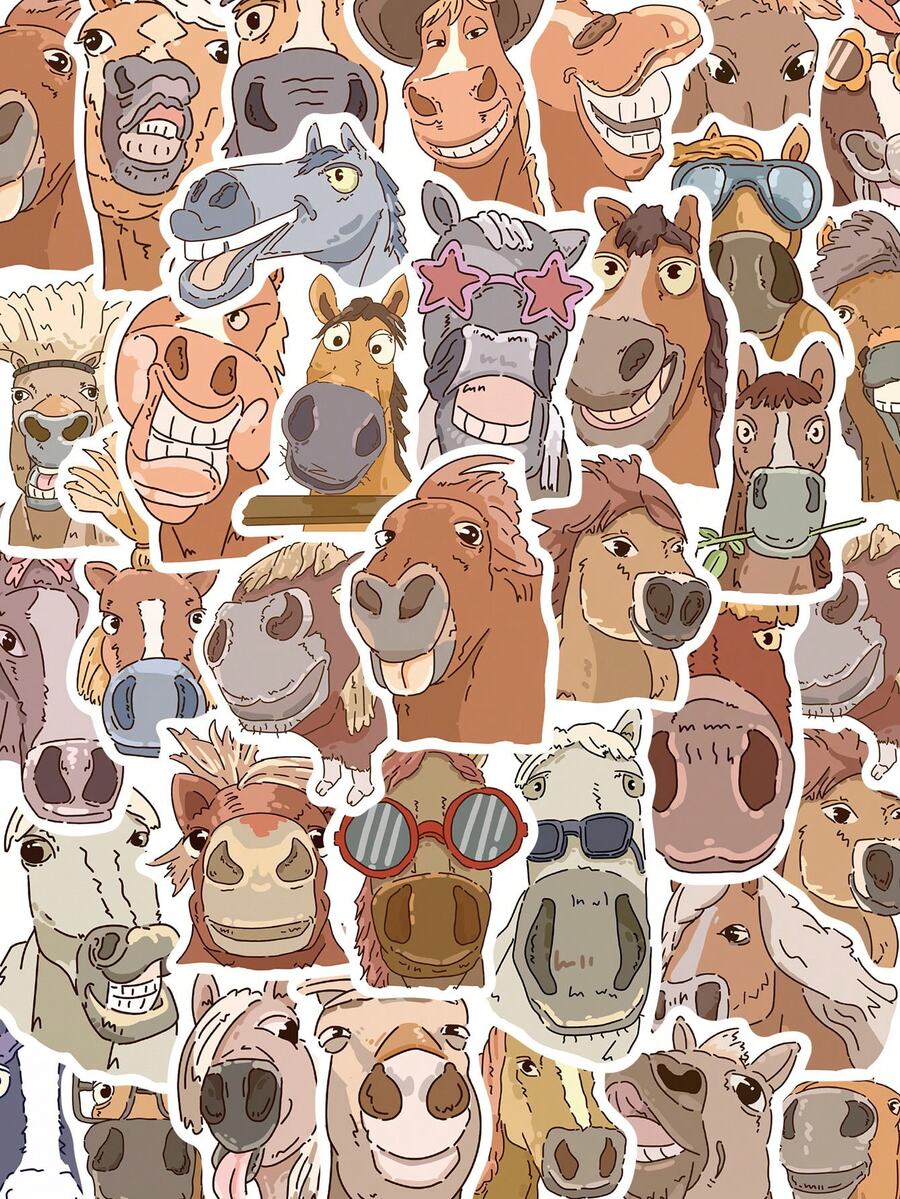 50pcs Cartoon Horse Stickers For Phone Case, Refrigerator, Planner, Diary, Scrapbook, Luggage, Guitar, Helmet, Skateboard, Laptop - Multicolor - View 1