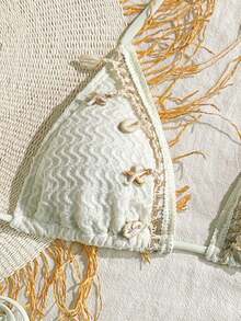 Bikinx Solid Color Patchwork Webbing Triangle Cup Tie Women's Swimwear Set Vacation Beach - Beige - View 4