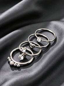 4pcs Fashion Stainless Steel Silver Ring Set, Heart & Round Bead Double Zirconia Inlaid Thin Band Stacking Rings, Minimalist INS Style, Unisex Jewelry Gift For Valentine's Day & Birthday - Silver - View 2