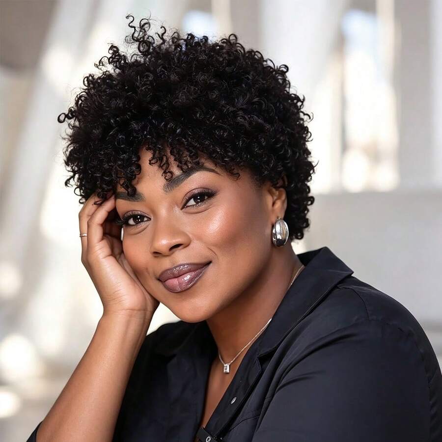 Women's Afro Kinky Curly Human Hair Wig With Bangs, Remy Brazilian Hair, Short Water Wave Pixie Cut, Elastic Mesh Cap, Full Machine Woven, Suitable For Festivals, Parties, Music Festivals